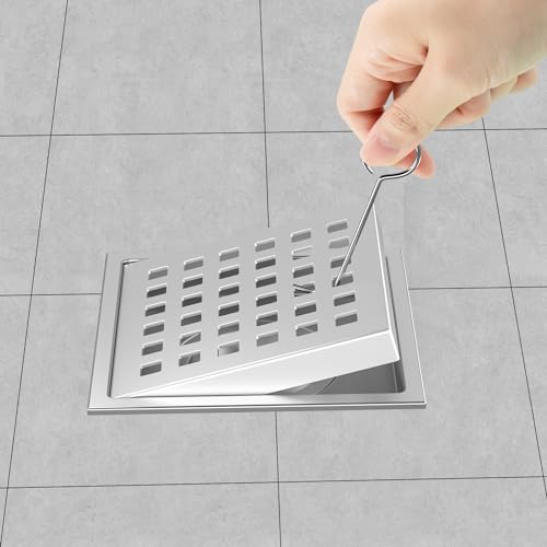 EXF Square Shower Drain 4-3/8 Inch Chrome with ABS Flange | Stainless Steel, Anti-Clog, Removable Grid Grate Hair Catcher, for Modern Bathroom Remodel Curbless Shower - color: Chrome, size: 4IN