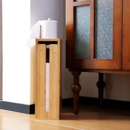 Bamboo Toilet Paper Holder Stand with Storage Shelf Box, Freestanding Bathroom Tissue Organizer and Wipes Dispenser, Reversible Use Lid, Eco-Friendly Natural Wood Home Decor Gift