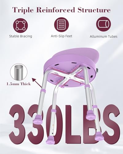 Swivel Shower Chair, 360° Non-Slip Shower Seat with Backrest for Elderly and Disabled, Height Adjustable Rotating Tub Bench for Seniors Bathroom Inside Shower with Compact Frame (Purple) - color: Purple