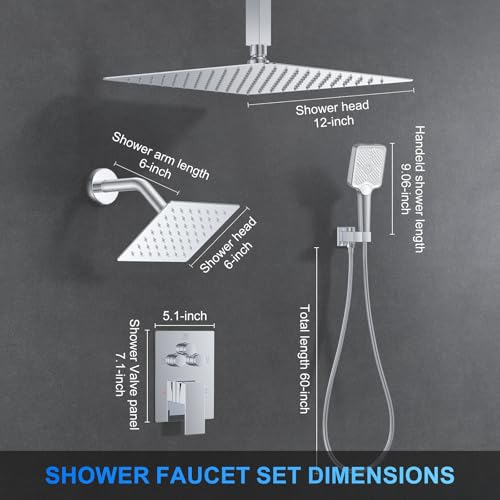 Shower Faucet Set, 12" Ceiling Mount Rainfall Shower System with 2 Rain Shower Head and Multi-function Handheld Head Push Button Diverter Shower Faucet Trim Kit (12", Polished Chrome) - color: Chrome Polished, style: 12"-Ceiling-01