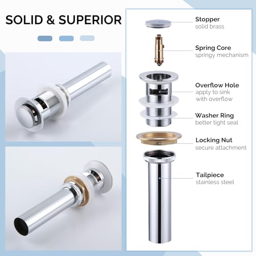 Angle Simple Bathroom Sink Drain Chrome, Pop Up Drain Stopper with Overflow | Brass Sink Stopper Assembly, Fits Lavatory & Vanity Sink with 1.61 to 2 Inches Drain Hole - color: Chrome