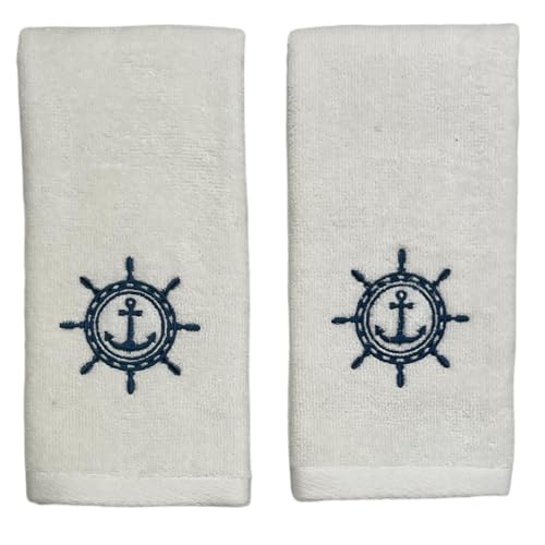 Serafina Home Summer Soft Absorbent Bathroom Coastal Guest Embroidered Fingertip Towels: Nautical Captain's Wheel Design, 2 Piece 12" x 18" Inches - color: Captains Wheel