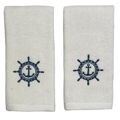 Serafina Home Summer Soft Absorbent Bathroom Coastal Guest Embroidered Fingertip Towels: Nautical Captain's Wheel Design, 2 Piece 12" x 18" Inches - color: Captains Wheel