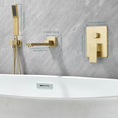 DASAN Swiveling Wall Mount Tub Filler Faucet Set with Hand Held Shower, Brushed Gold Modern Creative Bathtub Faucet Wall Mounted Bath Tub Faucet with High Flow Rough in Valve, SA-TF05WH-BG - color: Brushed Gold