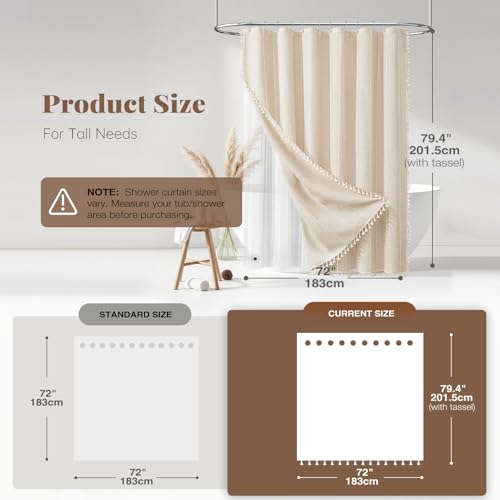 BTTN 3 in 1 Shower Curtain with Liner, 78 Inch Long Boho Linen Striped Cloth Shower Curtain Set with Hook, Farmhouse Bohemian Country Waterproof Fabric Shower Curtain for Bathroom, Cream/Beige, 72x78 - color: Cream With Liner, size: 72"W x 78"L (Pack of 1