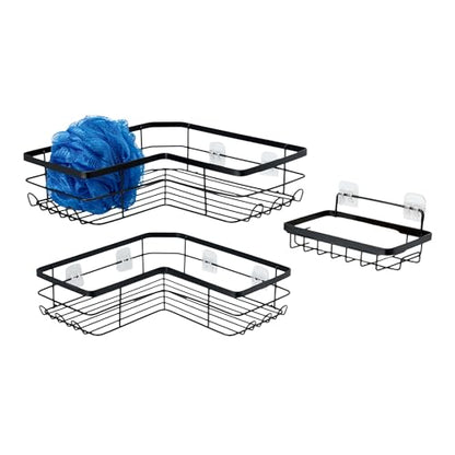 Amazon Basics Corner Shower Caddy Organizer with Soap Holder, Adhesive Wall Mount, Rust Resistant Powder-Coated Stainless Steel, Black, Set of 3 - size: Set of 3