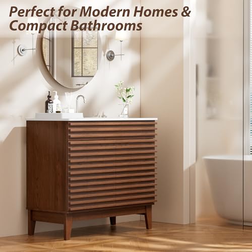 APRILSOUL 36" Bathroom Vanity with Ceramic Sink, Mid-Century Bathroom Vanity Cabinet with 2 Soft Closing Doors, Freestanding Bathroom Cabinet, Particleboard Frame with Wood Grain Laminate, Walnut - color: Walnut/ White Sink, size: 36 Inch