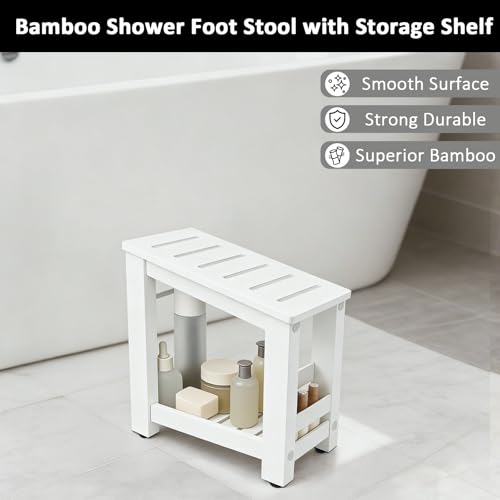 White Bamboo Shower Foot Rest for Shaving Legs, Water-Resistant Pedicure Foot Stool with Lower Storage Shelf, Compact Bathroom Shaving Step for Shower and Bath - color: White