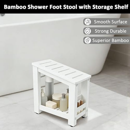 White Bamboo Shower Foot Rest for Shaving Legs, Water-Resistant Pedicure Foot Stool with Lower Storage Shelf, Compact Bathroom Shaving Step for Shower and Bath - color: White