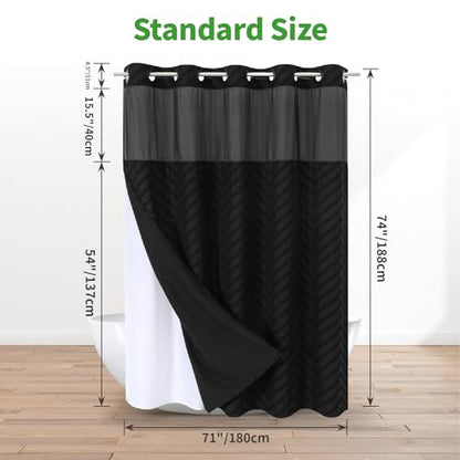 eachope No Hook Tufted Chevron Striped Shower Curtain with Snap-in Fabric Liner set-71Wx74H(72H),Black Hotel Grade Boho Style Shower Curtain with See Through Top Window,Water Repellent - color: Black, size: 71"W x 74"L (Pack of 1)