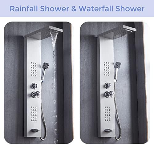 DELAVIN Stainless Steel Shower Panel Tower System, Wall-Mount Shower Panel | Rainfall Waterfall Shower Head, Massage Jets, Tub Spout, Handheld Shower, for Renovation, New Builds, Rentals & Contractors - color: Brushed Nickel-A