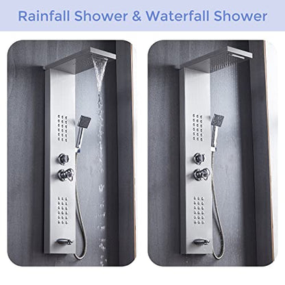 DELAVIN Stainless Steel Shower Panel Tower System, Wall-Mount Shower Panel | Rainfall Waterfall Shower Head, Massage Jets, Tub Spout, Handheld Shower, for Renovation, New Builds, Rentals & Contractors - color: Brushed Nickel-A