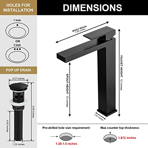 Matte Black Vessel Sink Faucet, Tall Single Handle Bathroom Faucet Single Hole Bowl Sink Faucet Lavatory Vanity Faucet with Pop up Drain Assembly, BF307-MB-T - color: Black (Tall)