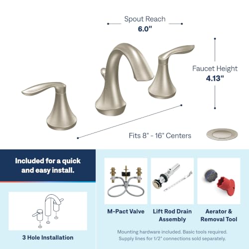 Moen Eva Brushed Nickel Two-Handle High Arc Widespread Bathroom Sink Faucet for 3-Hole Setups with Valve Included, TV6420BN - color: Brushed Nickel