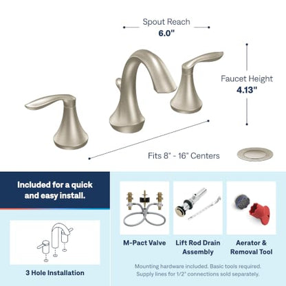 Moen Eva Brushed Nickel Two-Handle High Arc Widespread Bathroom Sink Faucet for 3-Hole Setups with Valve Included, TV6420BN - color: Brushed Nickel