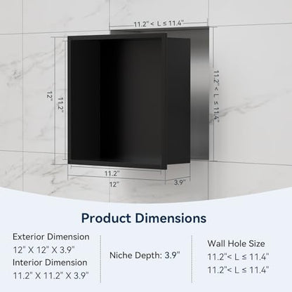 Shower Niche 12" x 12",Matte Black Stainless Steel Shower Niche - color: Black, size: 12" x 12"