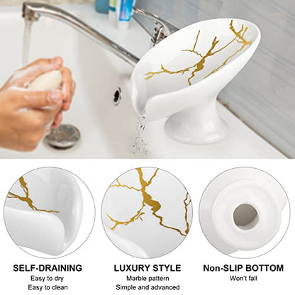 Soap Dish for Shower Ceramic Soap Holder Self Draining Leaf Shape Bar Soap Tray, Marble Pattern White Drain Soap Dish Holder for Bathroom,Easy Cleaning Keep Soap Dry - color: White