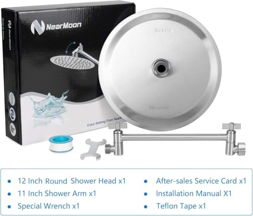 NearMoon Rain Shower Head with 11'' Adjustable Arm, High Pressure Stainless Steel Rainfall Shower, Ultra-Thin Design- Pressure Boosting (12 Inch, Nickel) - color: Nickel, size: 12 Inch