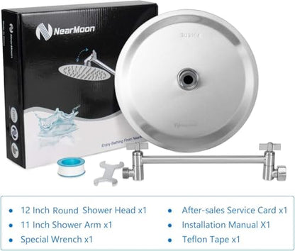 NearMoon Rain Shower Head with 11'' Adjustable Arm, High Pressure Stainless Steel Rainfall Shower, Ultra-Thin Design- Pressure Boosting (12 Inch, Nickel) - color: Nickel, size: 12 Inch