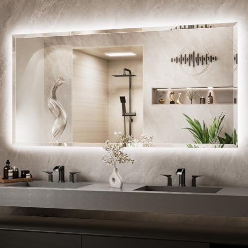 72 x 36 Large LED Mirror Backlit, Beveled Bathroom Mirror with Backlight, Tempered Glass, 3 Colors Lights, Defogger, Adjustable Brightness, Smart Mirror, Frameless Vanity Mirror for Wall - size: 36"L x 72"W