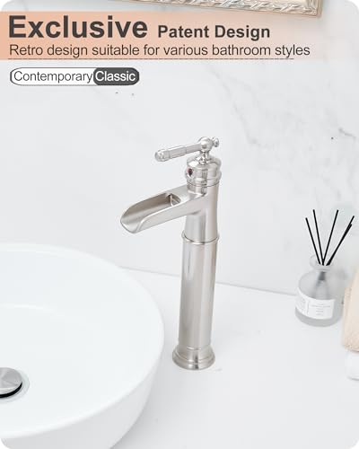 Vessel Sink Faucet Brushed Nickel, Brass Waterfall Bathroom Faucet Single Hole, Tall Bathroom Sink Faucet, Bathroom Faucets Single Handle with Pop-Up Drain Supply Hoses for Lavatory No Noise - color: Brushed Nickel - Classic