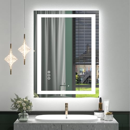 24x32 LED Lighted Bathroom Mirror for Vanity Wall | Front Light and Backlit, Anti-Fog, Memory, 3 Color, Tempered Glass, Dimmable, Rectangular, UL, Horizontal/ Vertical Mounted - color: Rectangular Led Bathroom Mirror, size: 32"L x 24"W