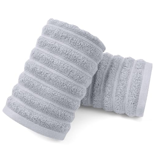 Jacquotha Light Grey Hand Towel Set of 2 Ribbed - 480 GSM Cotton Ultra Soft | Luxury Textured Face Towels for Spa Hotel - color: Light Gray