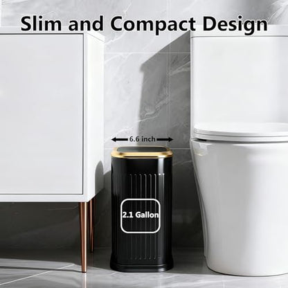 TIPGO Bathroom Trash Can with Lid, 2.1 Gallon / 8 Liter Small Garbage Can, Press Top Bin, Stainless Steel Wastebasket with Pop-Up Lid for Bedroom, Living Room, Office (Black) - color: Black