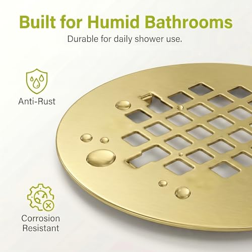 Shower Drain Cover Snap-in Hair Catcher - Brushed Gold 2 Pack | Stainless steel, 4-1/4" OD round, Fits 2-7/8" spacing, Easy install no tools, Warm gold, modern bathroom drain strainer grid. - color: Brushed Gold