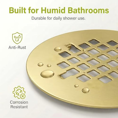 Shower Drain Cover Snap-in Hair Catcher - Brushed Gold 2 Pack | Stainless steel, 4-1/4" OD round, Fits 2-7/8" spacing, Easy install no tools, Warm gold, modern bathroom drain strainer grid. - color: Brushed Gold