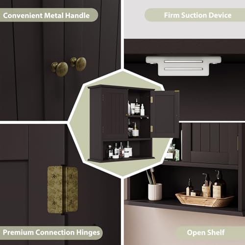 Smuxee Brown Bathroom Cabinet Wall Mounted, Small Medicine Cabinet with 2 Door Adjustable Shelves, Wall Cabinet Over Toilet for Laundry Room Kitchen - color: Brown Small