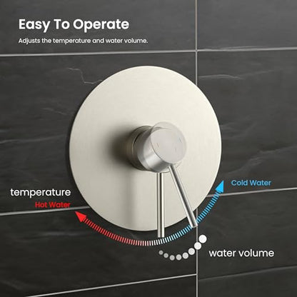 KIBI Brushed Nickel Circular Wall Mounted Rain Shower Column | 2-Function Shower Faucet System with Rough-In Valve | Solid Brass Construction for Reliable Water Flow and Temperature Control (KSC403BN) - color: Brushed Nickel