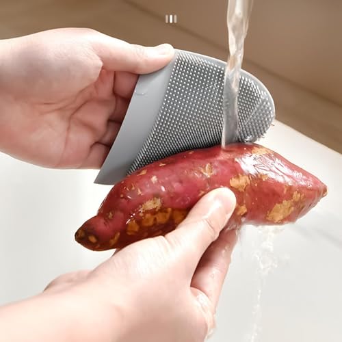 Sink Scrub Brush - Flexible Non Scratch Silicone Scrubber, Suction Cup Cleaning Tool, Built in Squeegee Cleaner | Scrubbing Brush for Bathroom Shower Glass Countertops - color: Gray