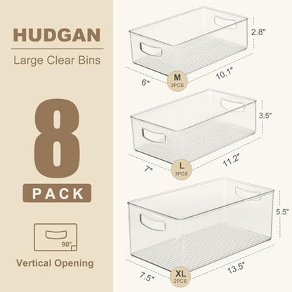 Hudgan 8 Pack Freezer Organizer Bins,Stackable,Clear Bins for Fridge,Pantry | Straight Side, 3 Sizes, 2 XL Storage Container, 3 Large Cabinet Organizer, 3 Medium Storage Drawer - size: 2XL+3L+3M