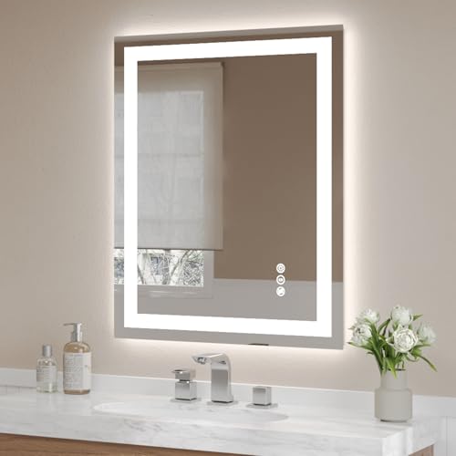 USHOWER LED Bathroom Mirror 28x36 Inch Tempered Glass - Frameless LED Backlit Lighted Mirror for Bathroom Vanity with Anti-Fog, 3 Colors Dimmable, Memory Function, Wall-Mounted - size: 36"L x 28"W