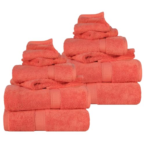 SUPERIOR Egyptian Cotton Ultra Plush & Absorbent, 12 Piece Set, Coral | Heavyweight 12 Pc Egyptian Cotton Towel Set Includes 4 Bath Towels 4 Hand Towels 4 Washcloths Decorative Rope Border - color: Coral, size: 12 Piece Towel Set
