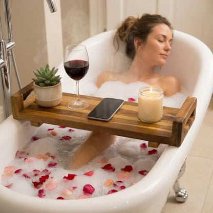 EcoDecors, 29 inch, with LiftAid Handles, Bath Tray for Tub, Bath Tub Tray Wood, Bathtub Table, Caddy for Bathtub in Natural Teak - style: 29" LiftAid Handles