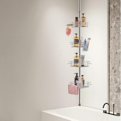 VEVOR Shower Corner Caddy Tension Pole, 42" to 114" High, Multi-Functional Shower Tension Pole with Strong Load-Bearing Tray, Rust-Proof Easy-to-Install, Fit for Bathroom & Washroom, Silver