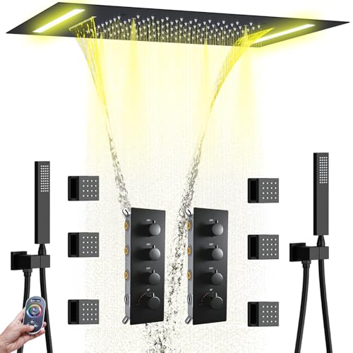 AYIVG Thermostatic Full Body Rainfall Shower System Dual 3 Way Diverter Valve 6 Function Ceiling Mount 14x20" ShowerHeads With 6 Jets 2 Handheld Shower Set (Matte Black) - color: Matte Black
