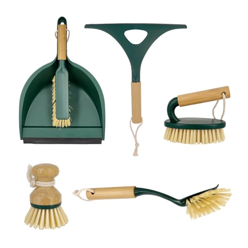 Pine-Sol Scrub Brush Cleaning Tool Set - Heavy Duty Brushes with Bamboo Handles, Dustpan, Shower Squeegee - Dishwashing, Kitchen, and Bathroom Cleaning Supplies, 6 Pieces - size: 6 Piece Set