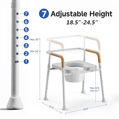 3-in-1 Bedside Commode for Seniors | 350lbs Reinforced Iron, Padded Seat & Arms, Height Adjustable Toilet Rails, Raised Toilet Seat with Bucket & Splash Guard