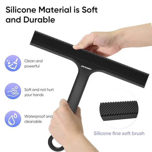 Shower Squeegee for Shower Glass Door Bathroom | Dual Head Wiper Cleans Water & Hair, Silicone Blade, Non-Slip Long Handle, Glass Window Door Wall Tile Cleaner