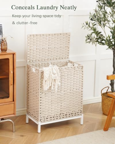 SETVSON Laundry Hamper with Lid, Wicker Laundry Basket, 112 L, Light Khaki | Handwoven PE Rattan, 2 Removable Liner Bags, Metal Heightened Feet, 6 Mesh Bags, Clothes Hamper for Bathroom Bedroom - color: Light Khaki, size: 112 L - 29.6 gal