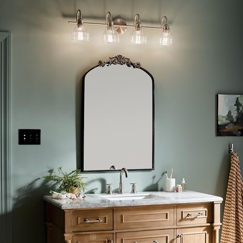 Kichler Avery 33.25" 4 Light Bathroom Vanity Light in Brushed Nickel, Vintage Bathroom Wall Mount Fixture with Clear Seeded Glass, (33.25" W x 9.25" H), 45974NI