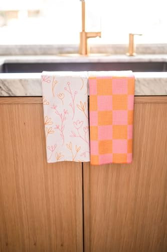Kitchen Towels, Dish Towels for Kitchen, 2 Pc Kitchen Towel Set | Microfiber Waffle Towels, 16 x 26 inches, with Hanging Loops, Reusable Tea Towels, Cute Kitchen Towels - 2 Pack - color: Pink