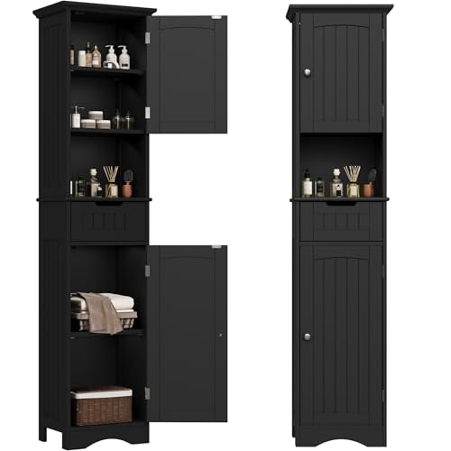 ChooChoo 67" Tall Bathroom Storage Cabinet, Narrow Bathroom Cabinet with 2 Doors and 1 Drawers, Freestanding Cupboard Floor Cabinet with Adjustable Shelves for Living Room, Kitchen, Black