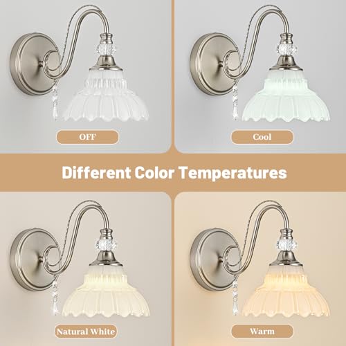 1 Piece Brushed Nickel Finish Wall Sconce, 1-Light Modern Wall Sconce with Hanging Crystal Accents and Flower-Shaped White Shades for Bathroom Bedroom Living Room,Modern Vanity Light - color: Nickel and White, size: 1-Light