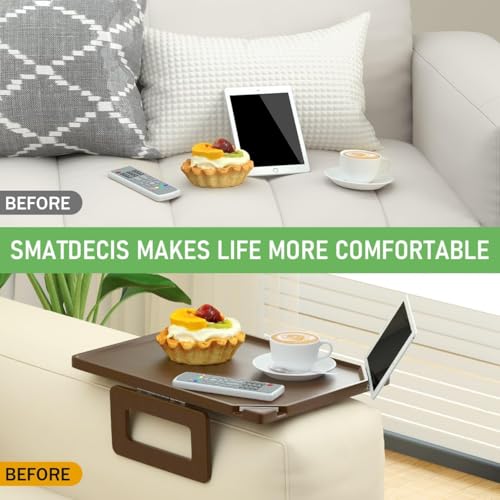 Smatdecis Couch Arm Tray Table Sofa Arm Clip, Armrest Tray Table Suitable for Home Drinks/Fast Food/Fruit Etc, Large Size Multi-Function Brown(Dual Phone/Tablet Holder) - color: Brown, size: 13" x 9.4"(Upgrade)