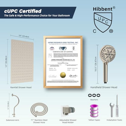 Hibbent 12'' All Metal CUPC Certified Shower Head, High Pressure Rainfall Shower Head, Handheld Showerhead Combo, 12'' Adjustable Extension Arm, 10-Spray, 71'' Hose, Showerhead Holder, Brushed Nickel - color: Brushed Nickel, style: Square 12''