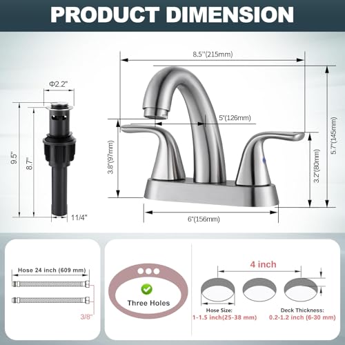 Brushed Nickel Bathroom Sink Faucet, 4 Inch Centerset Bathroom Faucet | ALEASHA 2 Handles Vanity Faucet with Pop Up Drain Stopper, RV Lavatory Vanity Faucets with Aesthetic Appeal - color: Brushed Nickel